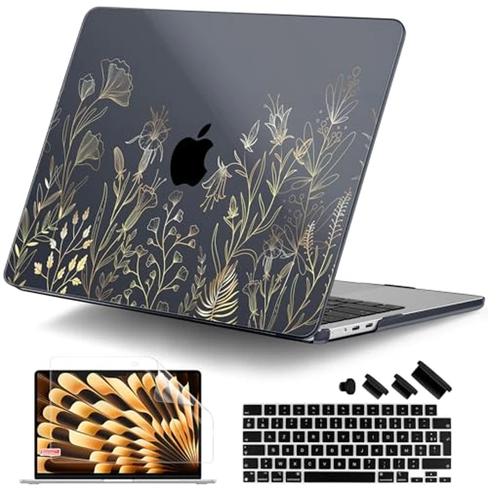 DONGKE Compatible with M4 MacBook Air 15 inch Case 2025 2024 2023 A3241 A3114 A2941 M3 M2 Liquid Retina Display Touch ID, Plastic Hard Case & Keyboard Skin & Screen Protector - Floral Blooming by DONGKE - Used - Very Good condition - CA$11.16