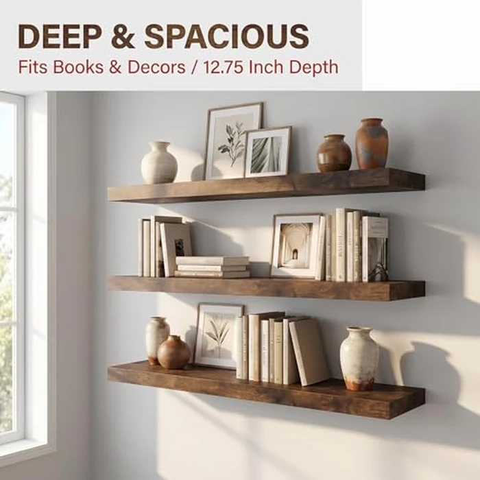 JPND Floating Shelf, Set of 1 Wall Shelf, 30 in W x 12.75 in D x 2 in H Wooden Floating Wall Shelf with Invisible Brackets for Living Room/Bedroom/Bathroom/Kitchen Storage and Decor, Rustic Brown by JPND - Image 4