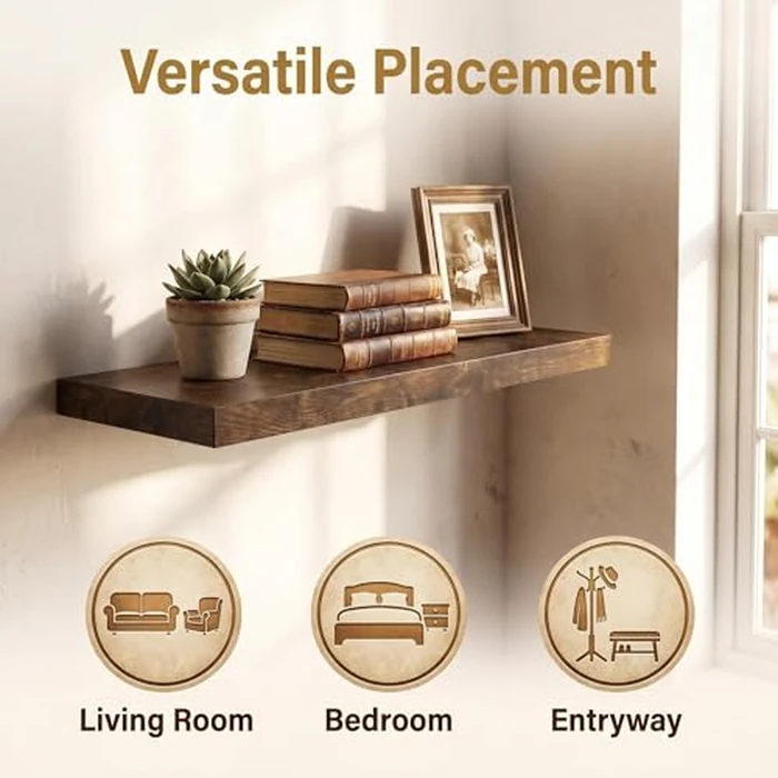 JPND Floating Shelf, Set of 1 Wall Shelf, 30 in W x 12.75 in D x 2 in H Wooden Floating Wall Shelf with Invisible Brackets for Living Room/Bedroom/Bathroom/Kitchen Storage and Decor, Rustic Brown by JPND - Image 5