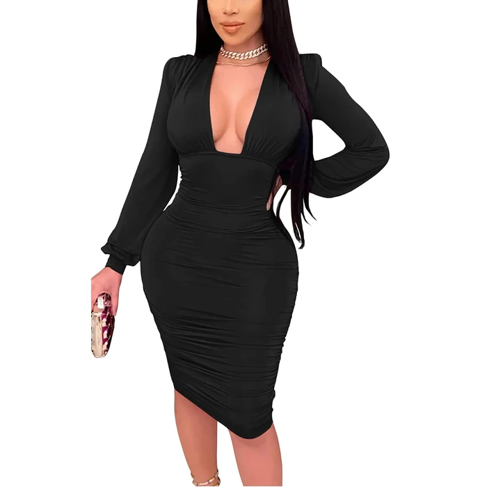 GOBLES Women's Sexy Long Sleeve Deep V Neck Ruched Bodycon Cocktail Party Midi Dress Black by GOBLES - Used - Like New condition - US$21.67