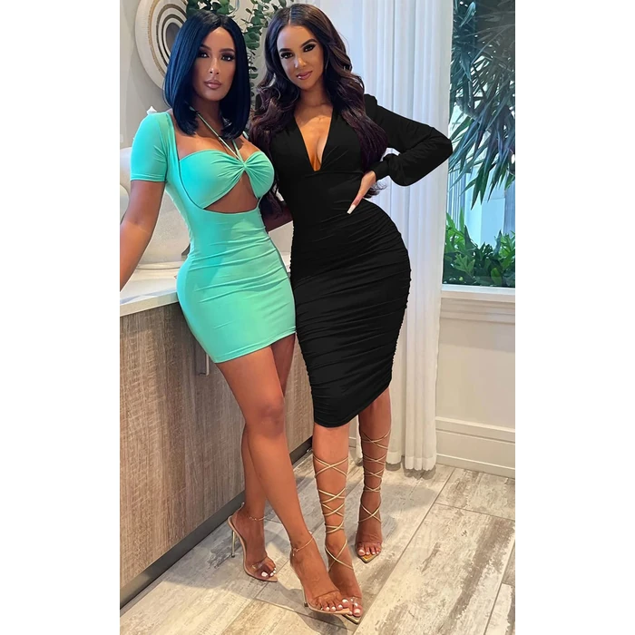 GOBLES Women's Sexy Long Sleeve Deep V Neck Ruched Bodycon Cocktail Party Midi Dress Black by GOBLES - Image 2