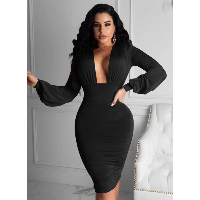 GOBLES Women's Sexy Long Sleeve Deep V Neck Ruched Bodycon Cocktail Party Midi Dress Black by GOBLES - Image 4
