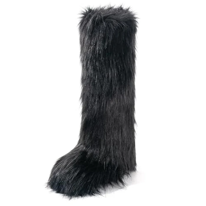 IXU Women's Faux Fur Boot Furry Fluffy Round Toe Suede Winter Comfy Plush Warm Short Outdoor Indoor Flat Shoes Knee-High Boots by IXU - Used - Good condition - US$28.51