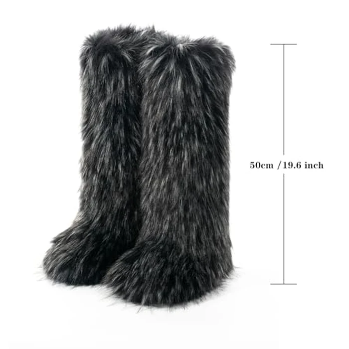 IXU Women's Faux Fur Boot Furry Fluffy Round Toe Suede Winter Comfy Plush Warm Short Outdoor Indoor Flat Shoes Knee-High Boots by IXU - Image 3