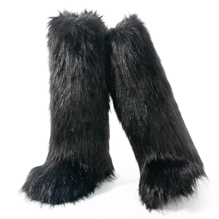 IXU Women's Faux Fur Boot Furry Fluffy Round Toe Suede Winter Comfy Plush Warm Short Outdoor Indoor Flat Shoes Knee-High Boots by IXU - Image 4