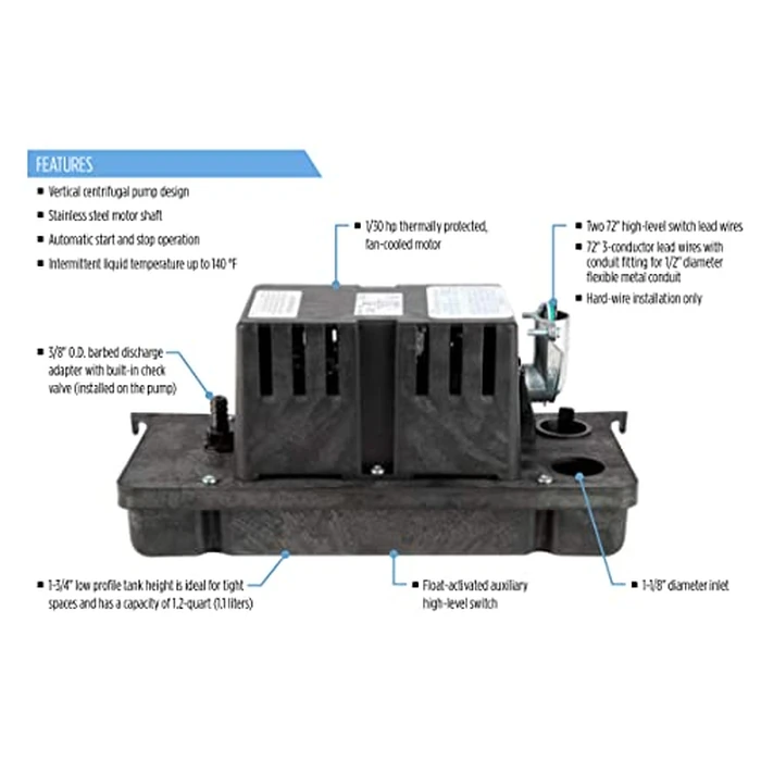 Little Giant VCCA-20-P 230 Volt, 1/30 HP, 80 GPH Low Profile Plenum Condensate Removal Pump, 6-ft. Cord (plug-less), Black, 554222101 by Little Giant - Image 2