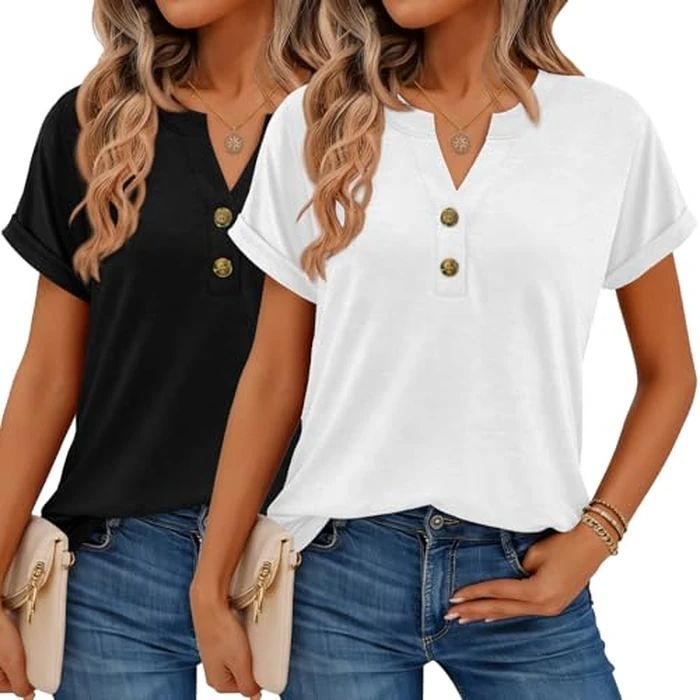 Women Tops 2 Pack Shorts Sleeve Shirts V Neck Henley Tops Spring Summer Trendy Casual Blouses Vacation Women Clothes 2026 by KILISU - Image 1