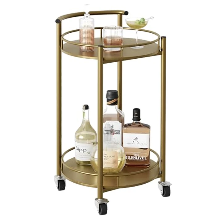 Bar Cart Gold Rolling Cart for Home,2 Tiers Bar Serving Cart Round Wine Cart with Handle, Metal Wine Rack and Casters, Serving Bar Trolley for Home Kitchen,Living Room,Christmas,New Year by Azheruol - Used - Very Good condition - CA$50.58