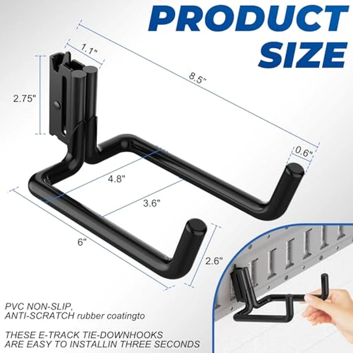 4 PCS Heavy Duty E Track Double J Hooks with Non-Slip Rubber Coating | 20% Thicker 0.6" Steel Large Steel Tool Double J Hook Compatible with E-Track, X-Track | Shovel Hanger for Enclosed Trailer,Truck by POROHOM - Image 5