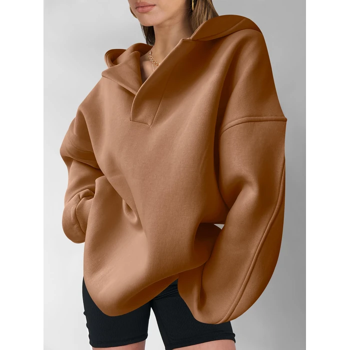 ANRABESS Womens Oversized Hoodies V Neck Sweatshirts Fleece Long Sleeve Pullover Y2K Clothes 2025 Fall Trendy Outfits caramel M by ANRABESS - Image 10