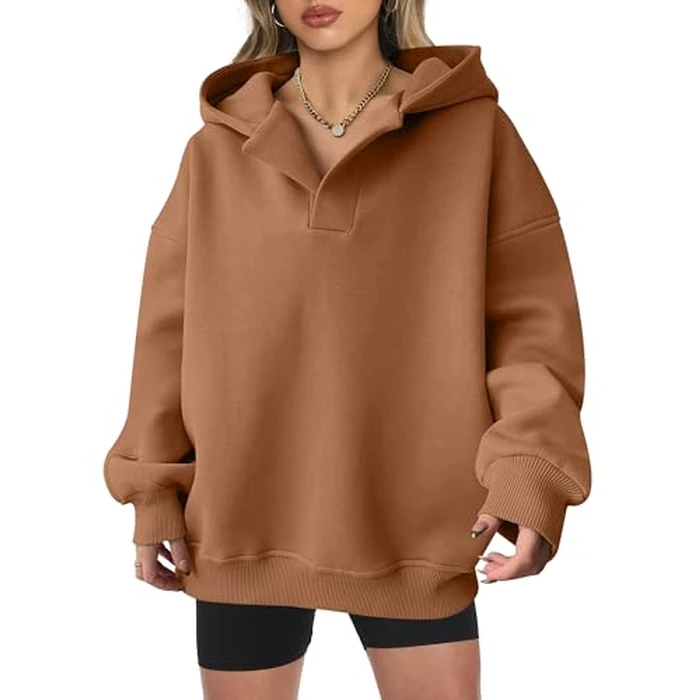 ANRABESS Womens Oversized Hoodies V Neck Sweatshirts Fleece Long Sleeve Pullover Y2K Clothes 2025 Fall Trendy Outfits caramel M by ANRABESS - Image 2