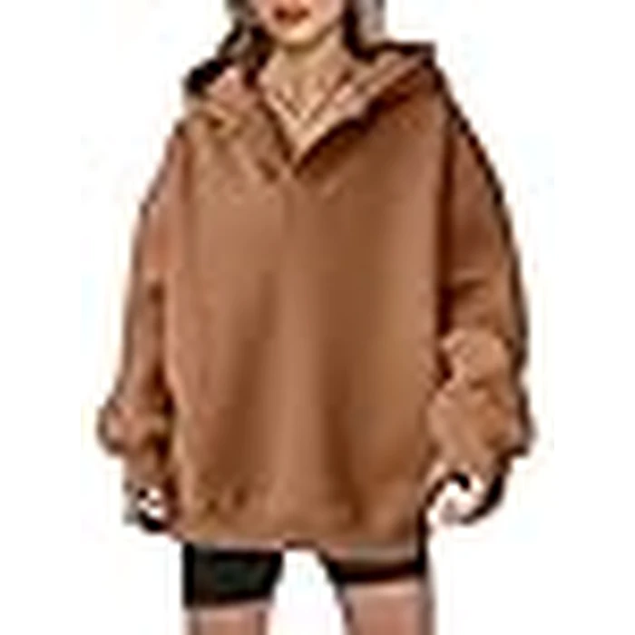 ANRABESS Womens Oversized Hoodies V Neck Sweatshirts Fleece Long Sleeve Pullover Y2K Clothes 2025 Fall Trendy Outfits caramel M by ANRABESS - Image 3