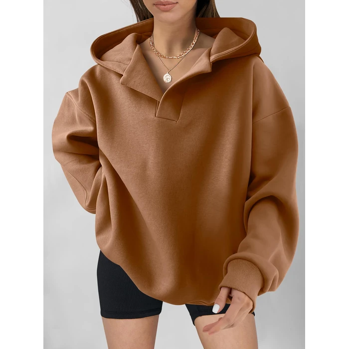 ANRABESS Womens Oversized Hoodies V Neck Sweatshirts Fleece Long Sleeve Pullover Y2K Clothes 2025 Fall Trendy Outfits caramel M by ANRABESS - Image 4