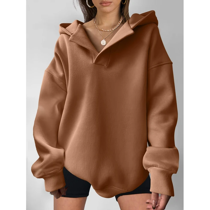 ANRABESS Womens Oversized Hoodies V Neck Sweatshirts Fleece Long Sleeve Pullover Y2K Clothes 2025 Fall Trendy Outfits caramel M by ANRABESS - Image 7