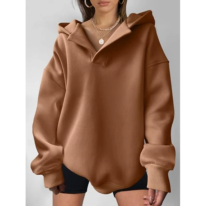 ANRABESS Womens Oversized Hoodies V Neck Sweatshirts Fleece Long Sleeve Pullover Y2K Clothes 2025 Fall Trendy Outfits caramel M by ANRABESS - Image 8