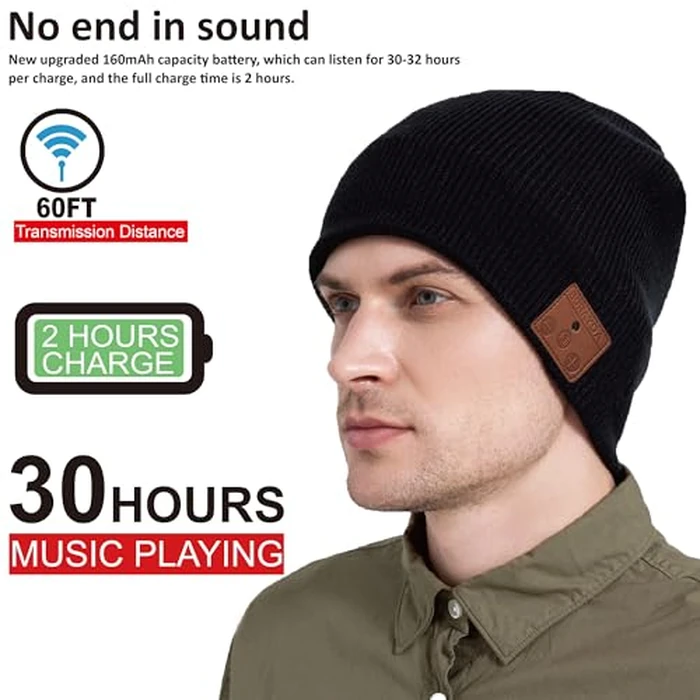 BORAYDA Merino Wool Bluetooth Beanie, HD Stereo,30 Hours Play Time,Built-in Microphone, Men's/Women's Christmas Electronic Gift (Black) by BORAYDA - Image 2