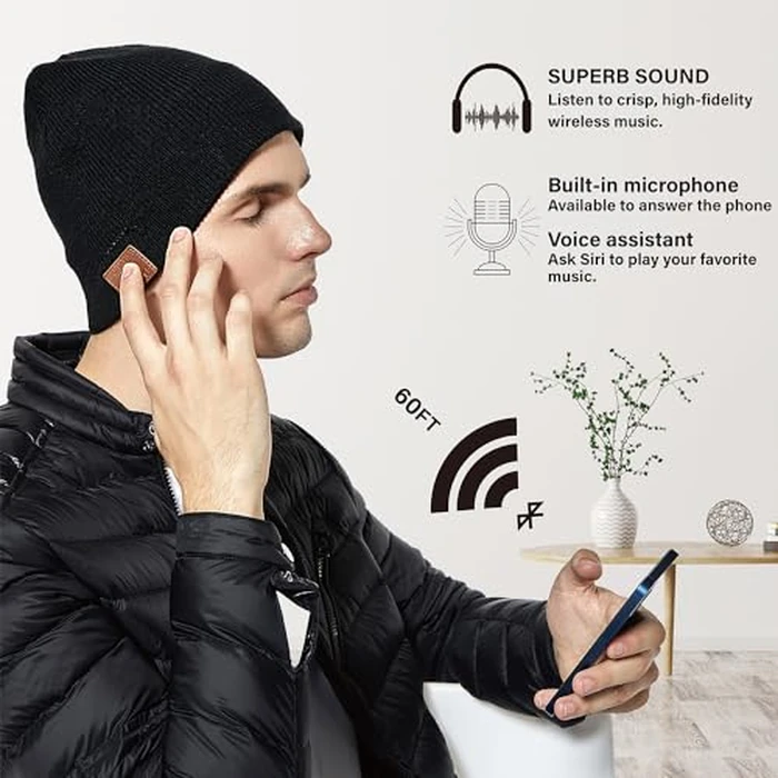 BORAYDA Merino Wool Bluetooth Beanie, HD Stereo,30 Hours Play Time,Built-in Microphone, Men's/Women's Christmas Electronic Gift (Black) by BORAYDA - Image 4