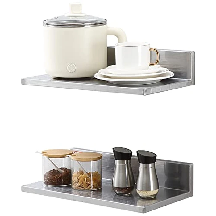 VEVOR 8.6" x 16" Stainless Steel Shelf, Wall Mounted Floating Shelving with Backsplash, 44 lbs Load Capacity Commercial Shelves, Heavy Duty Storage Rack for Restaurant Kitchen Bar Home Hotel， 2 Pack by VEVOR - Used - Very Good condition - CA$41.68