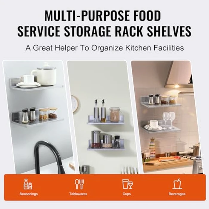 VEVOR 8.6" x 16" Stainless Steel Shelf, Wall Mounted Floating Shelving with Backsplash, 44 lbs Load Capacity Commercial Shelves, Heavy Duty Storage Rack for Restaurant Kitchen Bar Home Hotel， 2 Pack by VEVOR - Image 6