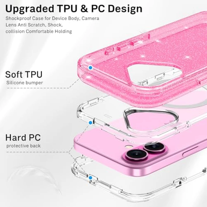 I-HONVA for iPhone 16 Plus Case Clear [Non Yellowing] [Compatible with MagSafe] Shockproof 3-Layer Full Body Protection Rugged Heavy Duty Cover Case for Apple iPhone 16 Plus 6.7",Clear Pink Glitter by I-HONVA - Image 1