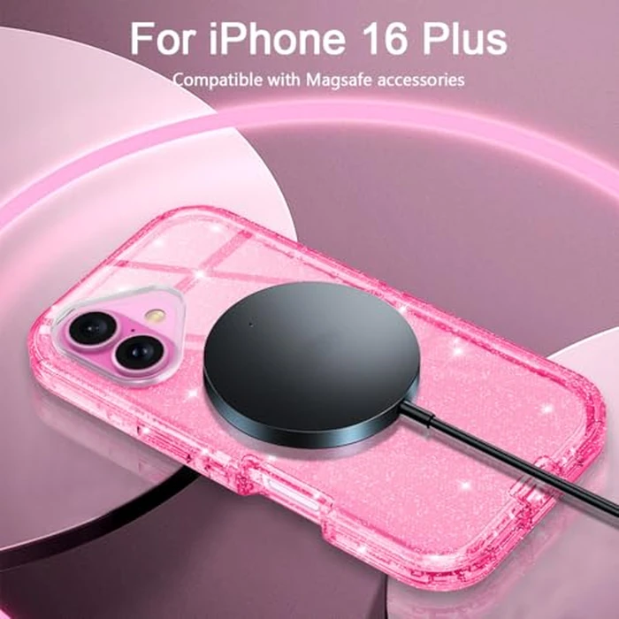 I-HONVA for iPhone 16 Plus Case Clear [Non Yellowing] [Compatible with MagSafe] Shockproof 3-Layer Full Body Protection Rugged Heavy Duty Cover Case for Apple iPhone 16 Plus 6.7",Clear Pink Glitter by I-HONVA - Image 2