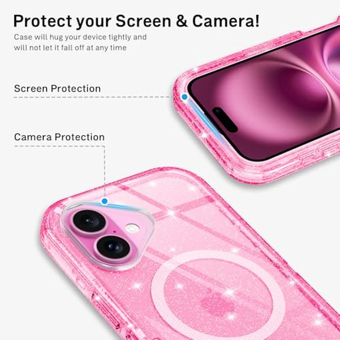I-HONVA for iPhone 16 Plus Case Clear [Non Yellowing] [Compatible with MagSafe] Shockproof 3-Layer Full Body Protection Rugged Heavy Duty Cover Case for Apple iPhone 16 Plus 6.7",Clear Pink Glitter by I-HONVA - Image 3