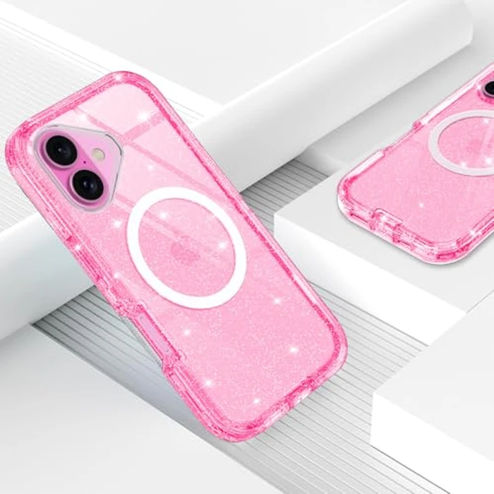 I-HONVA for iPhone 16 Plus Case Clear [Non Yellowing] [Compatible with MagSafe] Shockproof 3-Layer Full Body Protection Rugged Heavy Duty Cover Case for Apple iPhone 16 Plus 6.7",Clear Pink Glitter by I-HONVA - Image 4