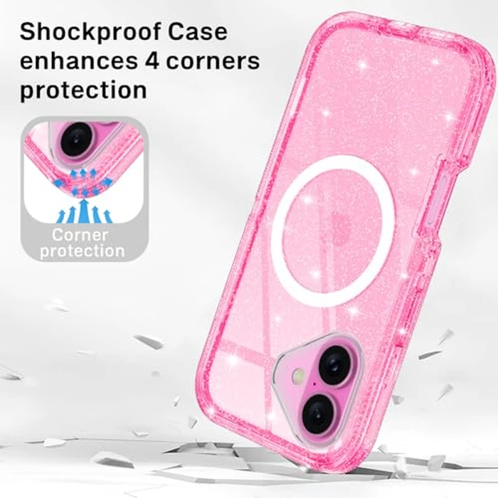 I-HONVA for iPhone 16 Plus Case Clear [Non Yellowing] [Compatible with MagSafe] Shockproof 3-Layer Full Body Protection Rugged Heavy Duty Cover Case for Apple iPhone 16 Plus 6.7",Clear Pink Glitter by I-HONVA - Image 5