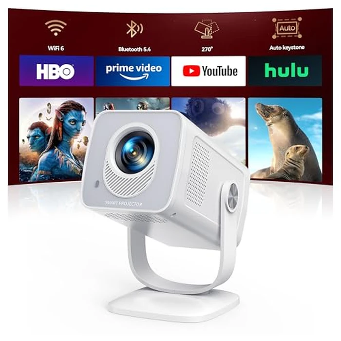 【Built-in Apps | Short Throw】Mini-Projector with WiFi6 and Two-Way Bluetooth5.4, 4K 1080P Support Portable-Projector, Auto Keystone 270 degrees Rotation Outdoor Movie-Projecteur for Phone/HDMI/TV Stick,White by TOPTRO - Image 1