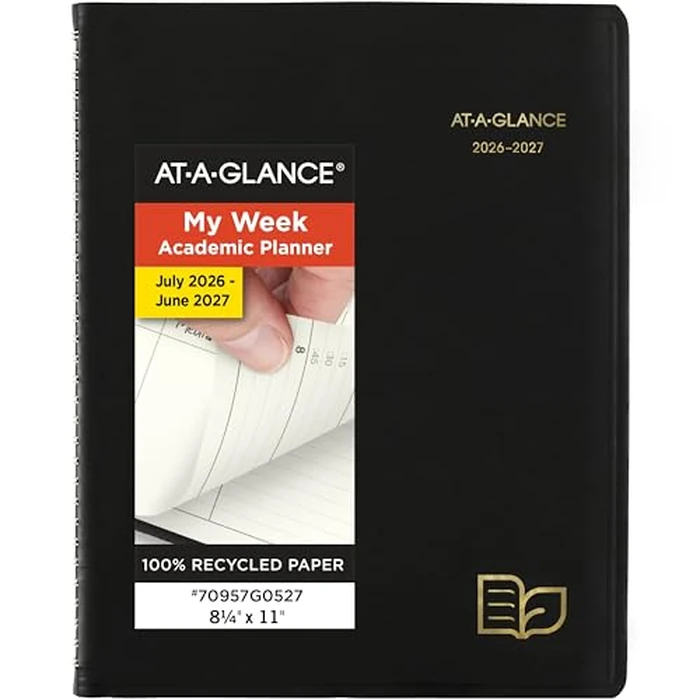 AT-A-GLANCE Planner 2026-2027 Weekly & Monthly Academic 12-Month July-June Quarter-Hourly Appointment Book, 8-1/4" x 11", Recycled, Black (70957G05) by AT-A-GLANCE - Used - Like New condition - CA$26.26