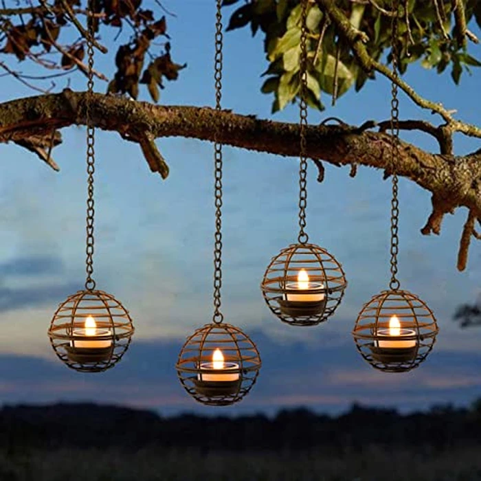 Solar Hanging Lanterns Outdoor Waterproof, Rust Iron Ball Candle Holder with Flickering Solar Powered Tea Lights, Perfect Chargeable Solar Lights for Backyard Patio Garden Fence Tree Decoration-4Pack by TWINKVILLA - Used - Like New condition - US$27.54