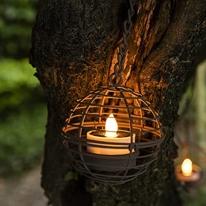 Solar Hanging Lanterns Outdoor Waterproof, Rust Iron Ball Candle Holder with Flickering Solar Powered Tea Lights, Perfect Chargeable Solar Lights for Backyard Patio Garden Fence Tree Decoration-4Pack by TWINKVILLA - Image 2