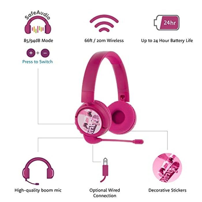 Made for Amazon Bluetooth Kids Headphones with Boom Microphone Age (7-12) | Pink by ONANOFF - Image 6