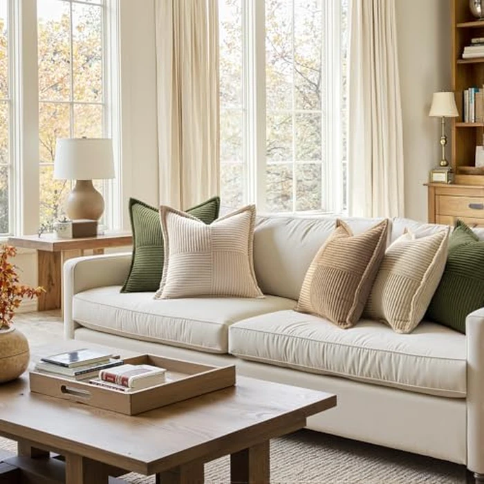 MIULEE Decorative Throw Pillow Covers for Couch Bed Livingroom 20x20 Inch Set of 2 Beige Boho Accent Throw Pllows Broadside Striped Patchwork Soft Corduroy Pillowcases by MIULEE - Image 8