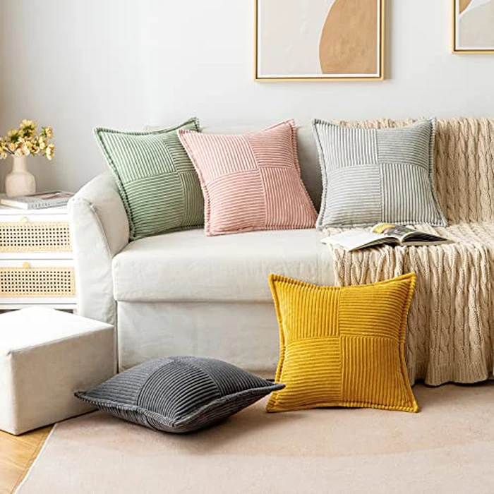 MIULEE Decorative Throw Pillow Covers for Couch Bed Livingroom 20x20 Inch Set of 2 Beige Boho Accent Throw Pllows Broadside Striped Patchwork Soft Corduroy Pillowcases by MIULEE - Image 9