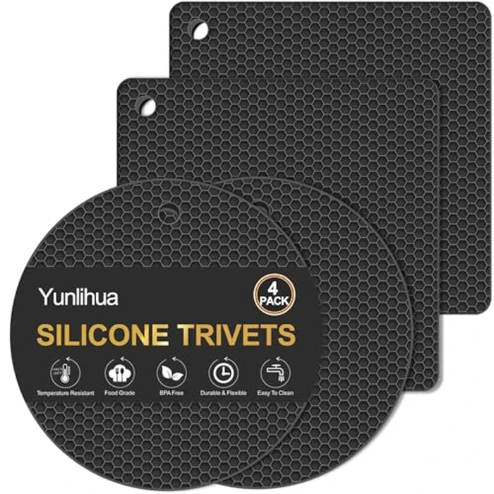 Yunlihua Silicone Trivet Mats, 4 Pack Hot Pads Pot Holders for Kitchen, Heat Resistant Non-Slip Trivets for Hot Dishes, Hot Pots and Pans, Countertop, Table, Food Grade Silicone & BPA Free, Black by Yunlihua - Image 1