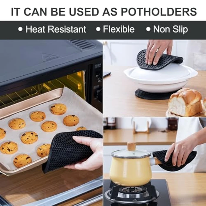 Yunlihua Silicone Trivet Mats, 4 Pack Hot Pads Pot Holders for Kitchen, Heat Resistant Non-Slip Trivets for Hot Dishes, Hot Pots and Pans, Countertop, Table, Food Grade Silicone & BPA Free, Black by Yunlihua - Image 2