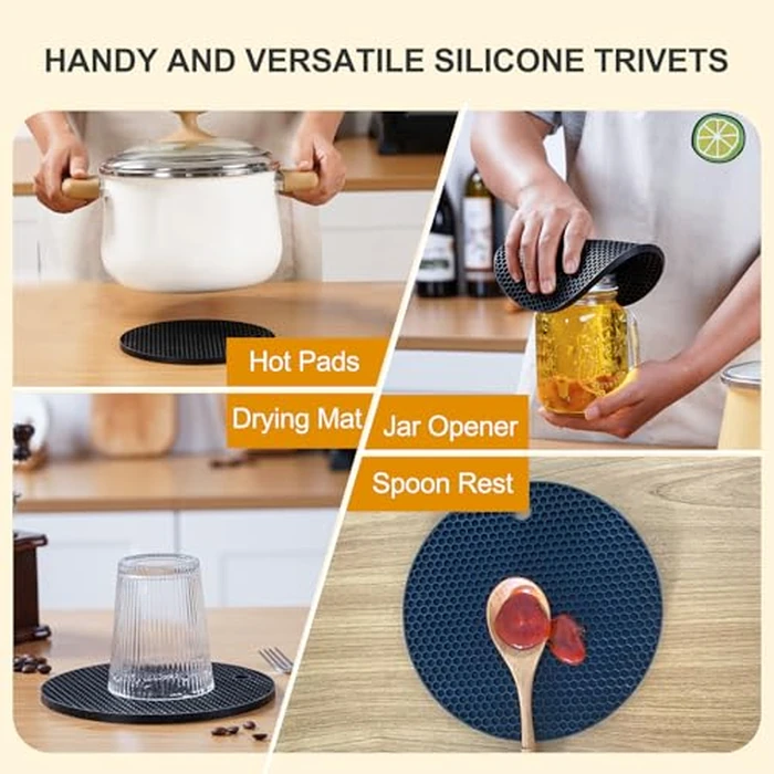 Yunlihua Silicone Trivet Mats, 4 Pack Hot Pads Pot Holders for Kitchen, Heat Resistant Non-Slip Trivets for Hot Dishes, Hot Pots and Pans, Countertop, Table, Food Grade Silicone & BPA Free, Black by Yunlihua - Image 3