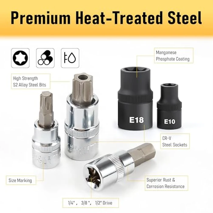 107-Piece Master Torx & Allen Bit Socket Set, S2 Steel, 1/4" 3/8" 1/2" Drive, Long Torx, Ball End Hex, Tamper-Resistant Star, E-Star Sockets, SAE & Metric (Chrome-Polished Set) by KOOPOOL - Image 5