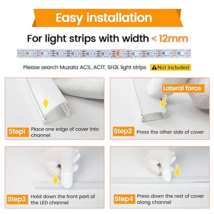 Muzata 6Pack 3.3FT/1M LED Channel Aluminum U Shape Silver LED Strip Diffuser Channel with Milky White Cover Easy Installation U1SW WW 1M by Muzata - Image 7