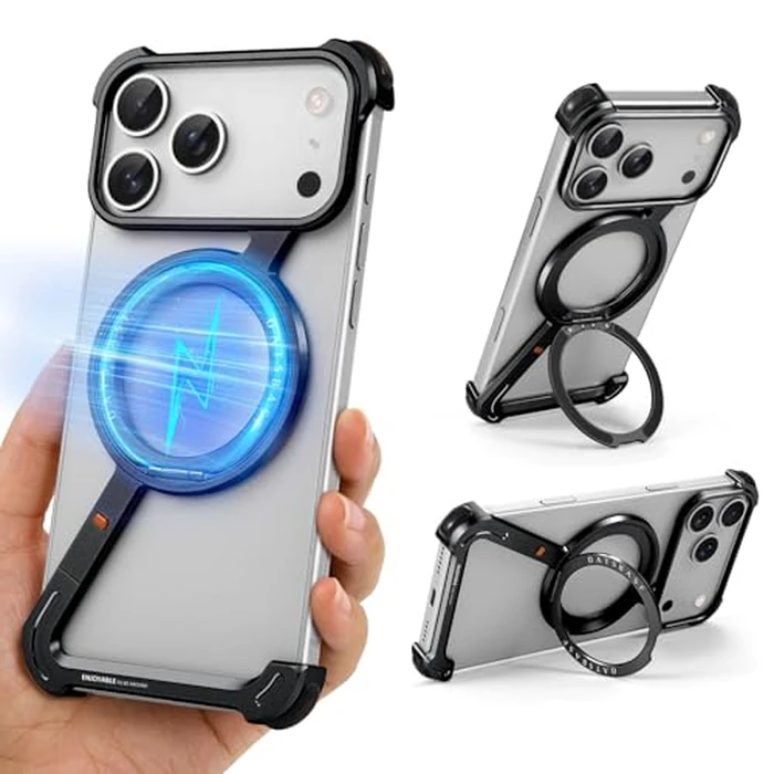 OGRANEE Z Metal Case for iPhone 17 Pro Max Frameless, Aluminum Alloy Bumper Compatible with Magsafe Kickstand Minimalist Shockproof Cool Cover Hard Shell with 360 degreesRing Holder Magnetic Stand, Black by OGRANEE - Image 1