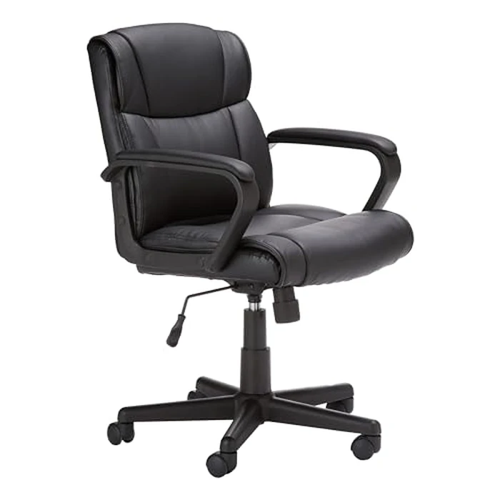 Amazon Basics Office Task Chair with Adjustable Height, 360 degrees Swivel, Padded Armrests, Mid-Back, Rolling, 275 Pound Capacity, 24.2"D x 24"W x 34.8"H, Black Faux Leather by Amazon Basics - Image 1