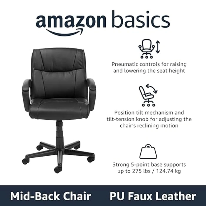 Amazon Basics Office Task Chair with Adjustable Height, 360 degrees Swivel, Padded Armrests, Mid-Back, Rolling, 275 Pound Capacity, 24.2"D x 24"W x 34.8"H, Black Faux Leather by Amazon Basics - Image 2
