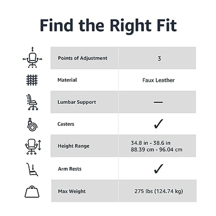 Amazon Basics Office Task Chair with Adjustable Height, 360 degrees Swivel, Padded Armrests, Mid-Back, Rolling, 275 Pound Capacity, 24.2"D x 24"W x 34.8"H, Black Faux Leather by Amazon Basics - Image 6