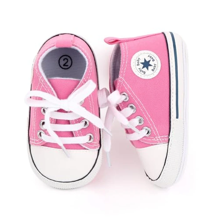 xioqen Unisex Baby Boys Girls Shoes, Newborn Infant Non-Slip Canvas Denim High Top Sneakers, Toddler First Walkers Shoes (01/Pink Rubble Sole, 0-6 Months by xioqen - Image 2