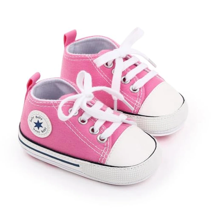 xioqen Unisex Baby Boys Girls Shoes, Newborn Infant Non-Slip Canvas Denim High Top Sneakers, Toddler First Walkers Shoes (01/Pink Rubble Sole, 0-6 Months by xioqen - Image 3