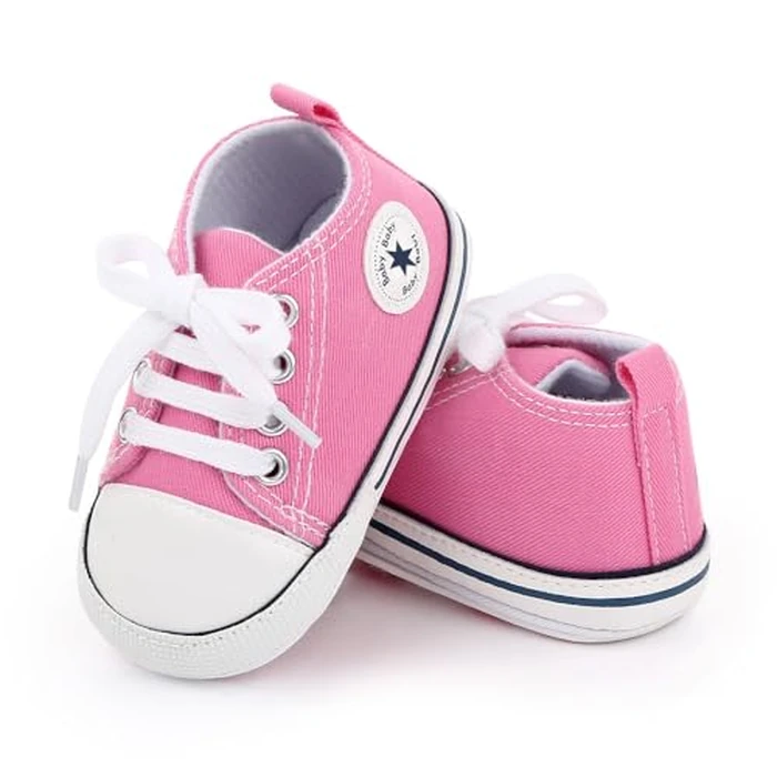 xioqen Unisex Baby Boys Girls Shoes, Newborn Infant Non-Slip Canvas Denim High Top Sneakers, Toddler First Walkers Shoes (01/Pink Rubble Sole, 0-6 Months by xioqen - Image 4