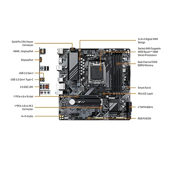 GIGABYTE B650M D3HP AMD AM5 mATX Motherboard, Support Ryzen 9000/8000/7000 Series, DDR5, 5+2+2 Power Phase, 2X M.2, PCIe 4.0, USB-C 3.2 Gen 1, 2.5 GbE, EZ-Latch, Q-Flash, RGB Fusion by GIGABYTE - Image 6