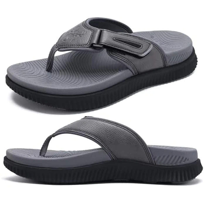 KuaiLu Mens Leather Flip Flops Men's Recovery Walking Sandals Orthopedic Thick Athletic Cushion Sport Slides for Man Outdoor Summer Beach Water Sandles with Comfortable Plantar Fasciitis Arch Support by KuaiLu - Image 1