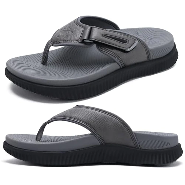 KuaiLu Mens Leather Flip Flops Men's Recovery Walking Sandals Orthopedic Thick Athletic Cushion Sport Slides for Man Outdoor Summer Beach Water Sandles with Comfortable Plantar Fasciitis Arch Support by KuaiLu - Image 8